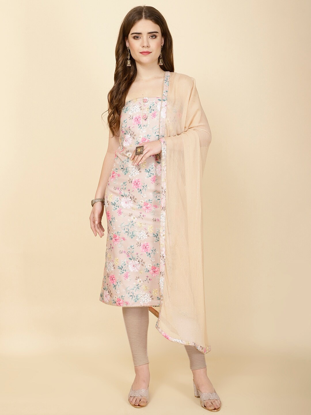

Meena Bazaar Floral Printed Gotta Patti Unstitched Dress Material, Beige