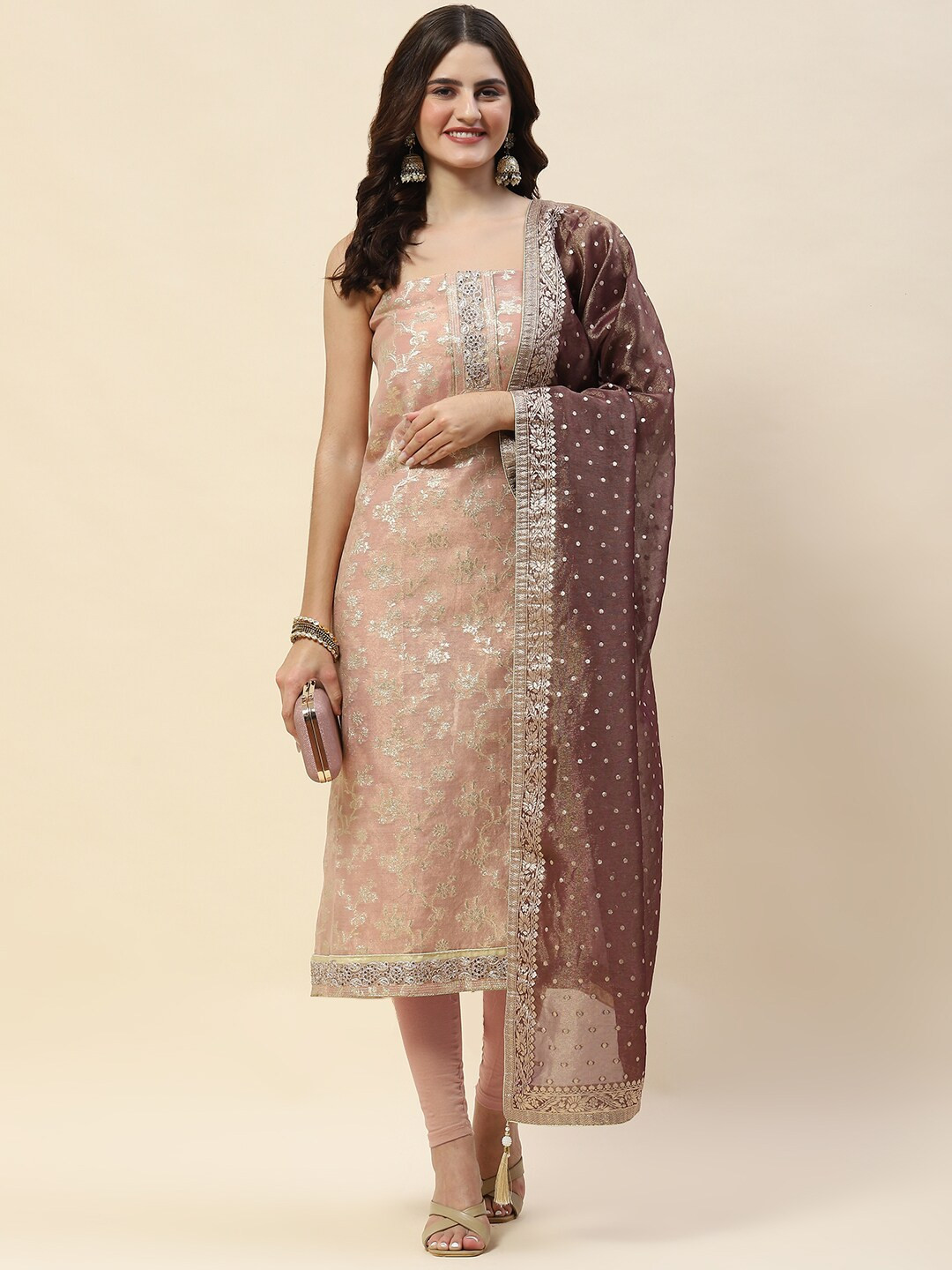 

Meena Bazaar Ethnic Motifs Woven Design Art Silk Unstitched Dress Material, Peach