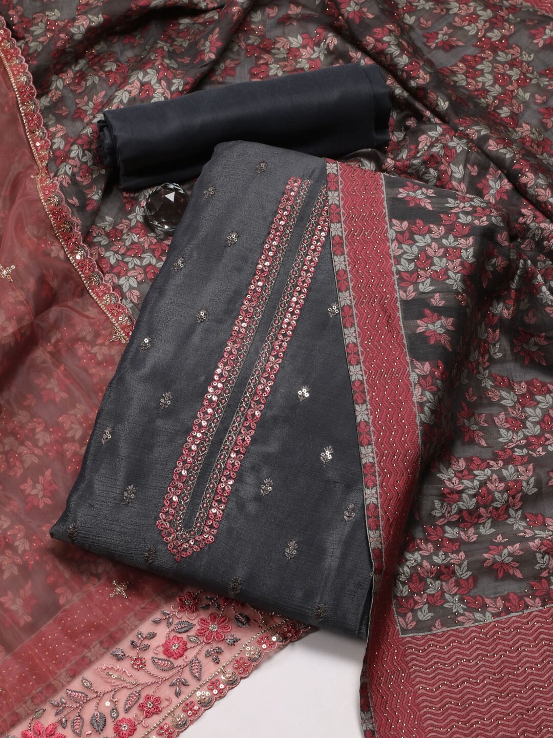 

Meena Bazaar Floral Embroidered Sequinned Unstitched Dress Material, Grey