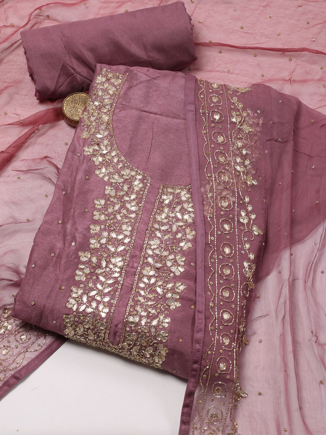 

Meena Bazaar Ethnic Motifs Embellished Unstitched Dress Material, Mauve
