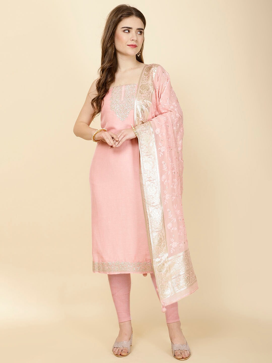 

Meena Bazaar Floral Embroidered Zari Unstitched Dress Material, Pink
