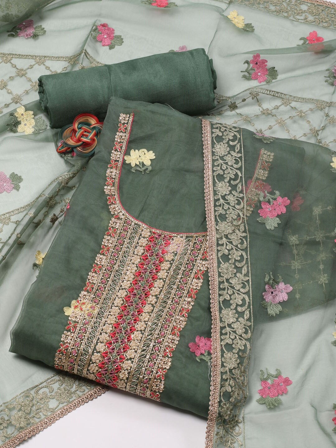 

Meena Bazaar Floral Embroidered Organza Unstitched Dress Material, Green