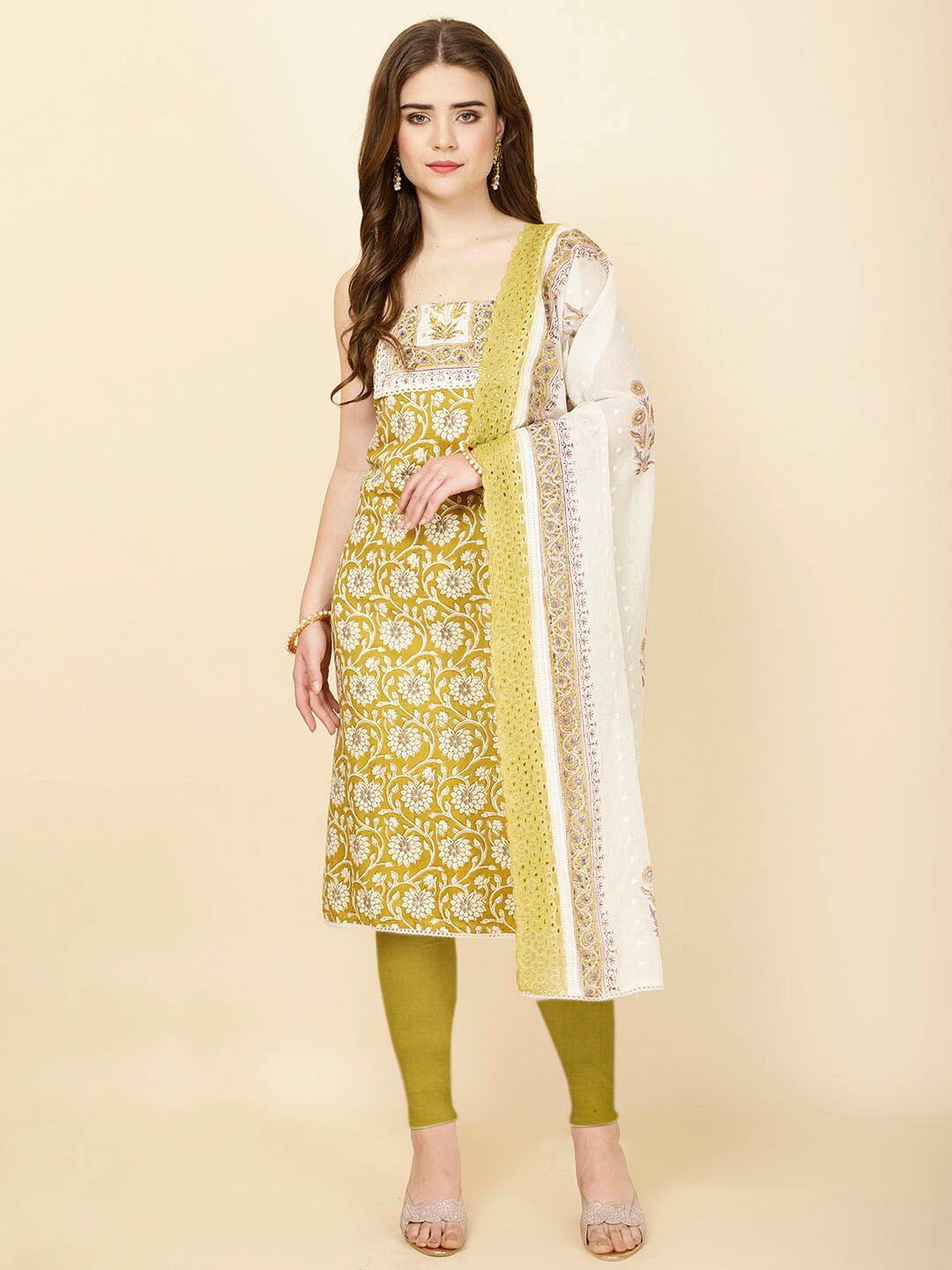 

Meena Bazaar Floral Printed Mirror Work Unstitched Dress Material, Mustard