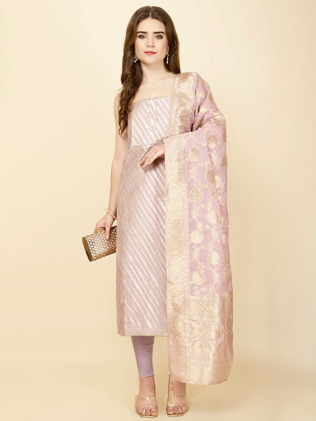 

Meena Bazaar Striped Woven Design Unstitched Dress Material, Mauve