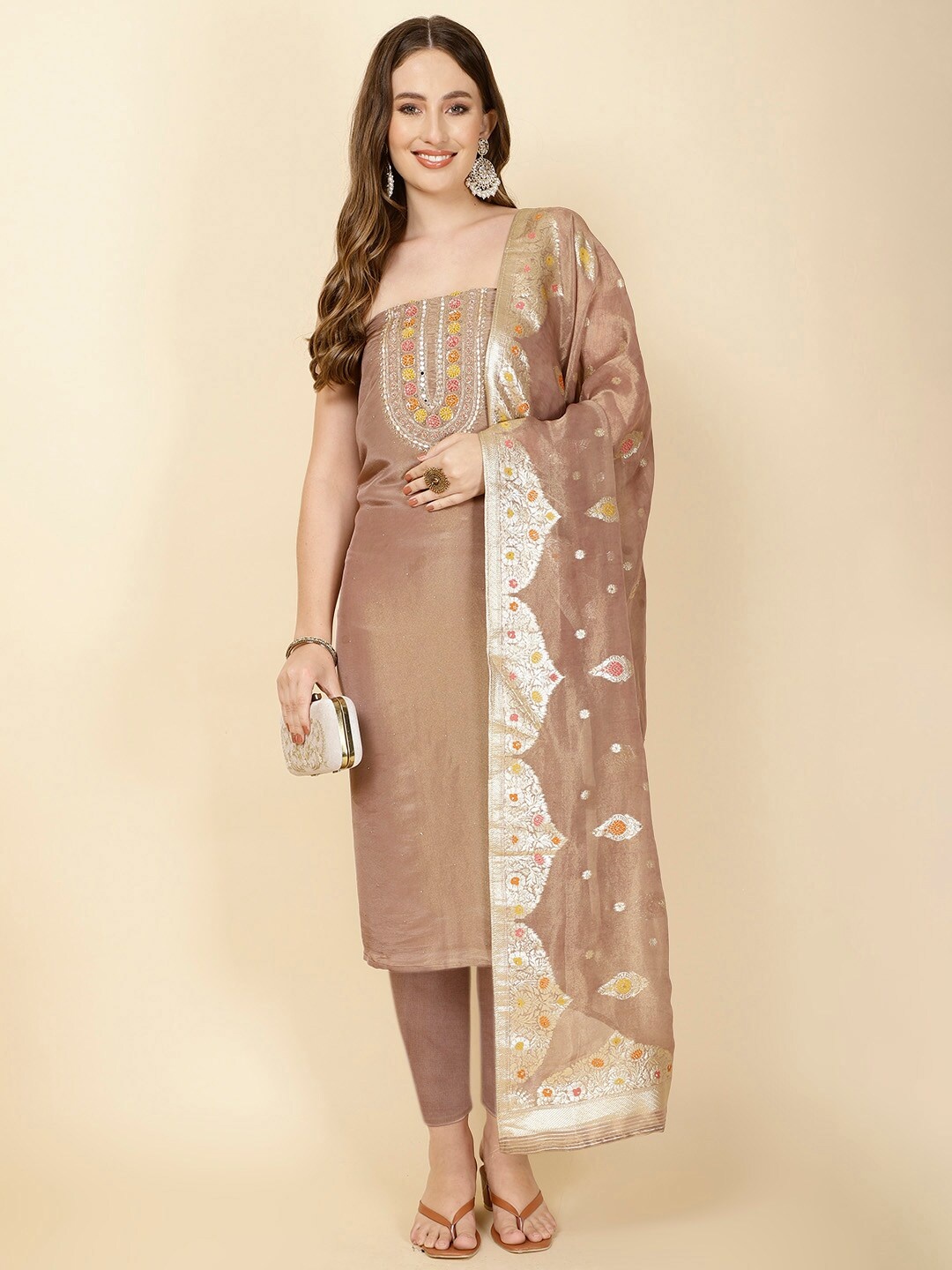 

Meena Bazaar Floral Embroidered Unstitched Dress Material, Grey