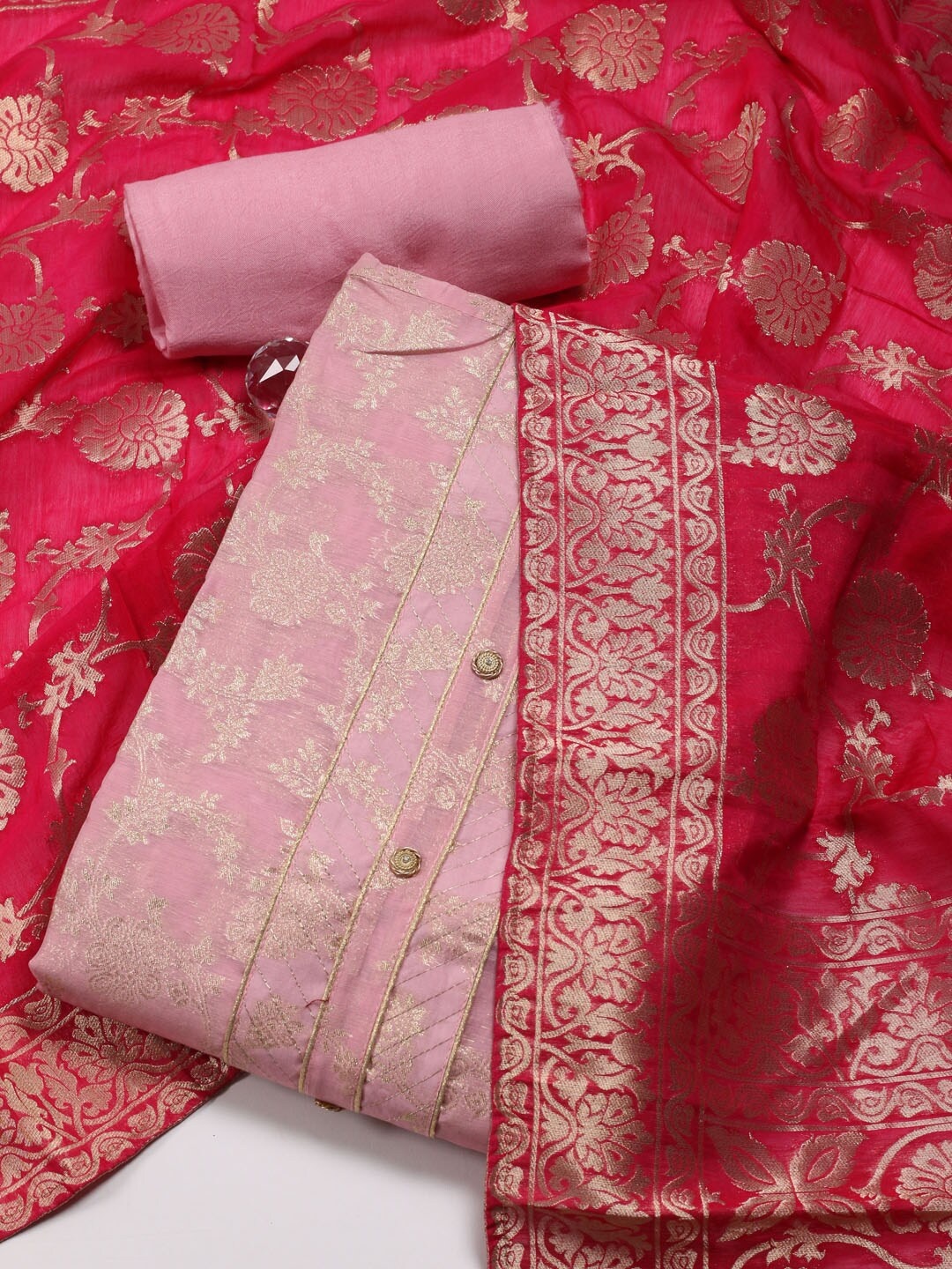 

Meena Bazaar Floral Woven Design Unstitched Dress Material, Pink