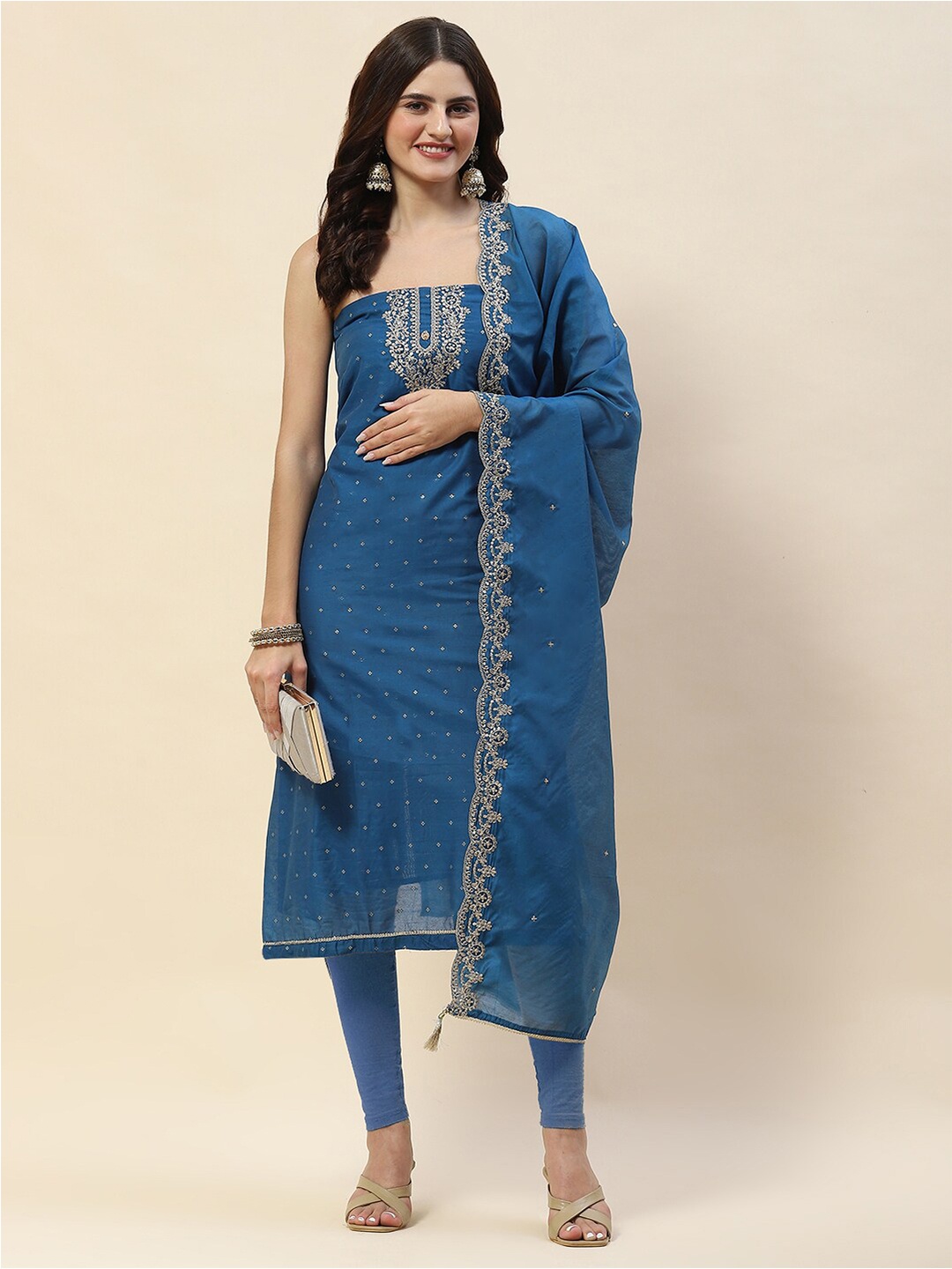 

Meena Bazaar Embroidered Art Silk Unstitched Dress Material, Blue