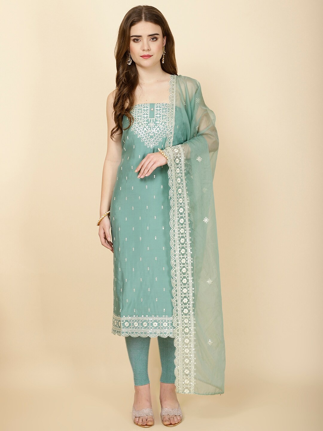 

Meena Bazaar Embroidered Art Silk Unstitched Dress Material, Sea green