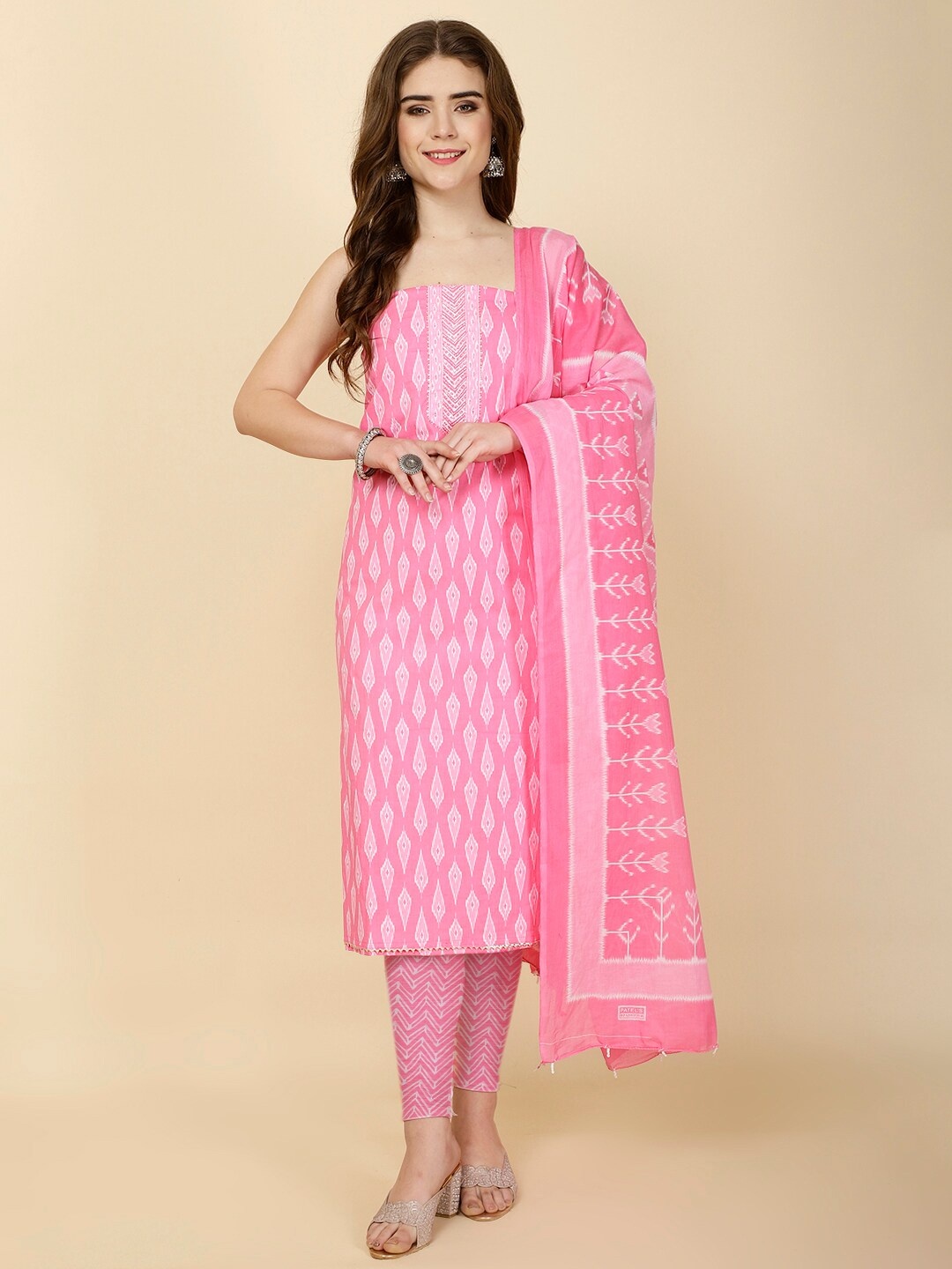 

Meena Bazaar Ethnic Motifs Printed Unstitched Dress Material, Pink