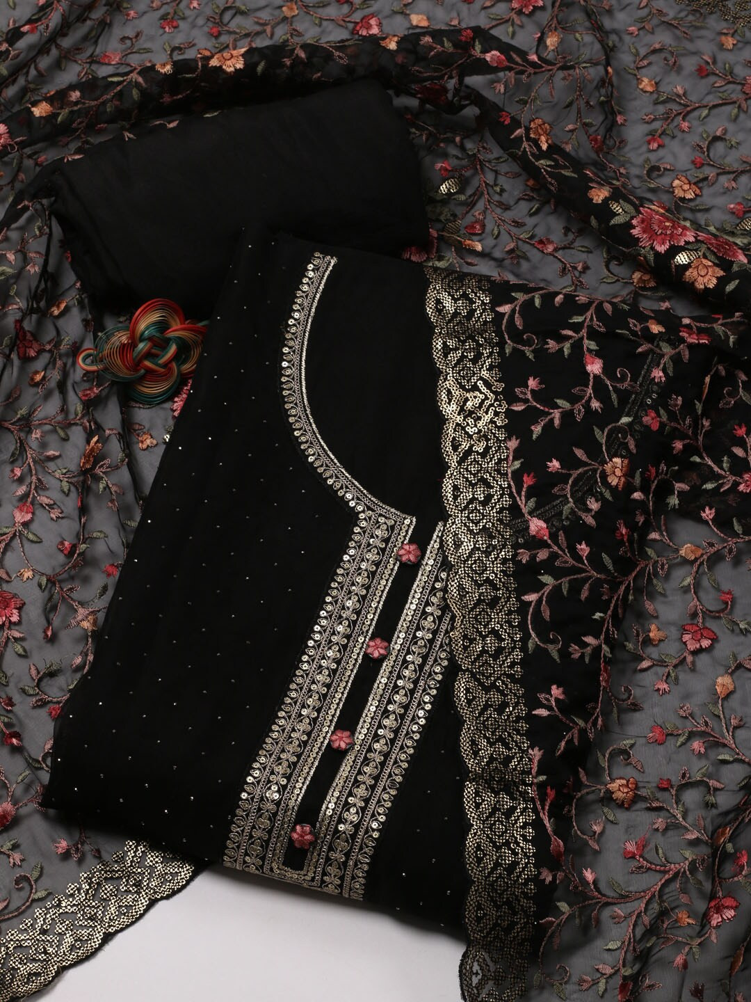 

Meena Bazaar Floral Embroidered Sequinned Unstitched Dress Material, Black