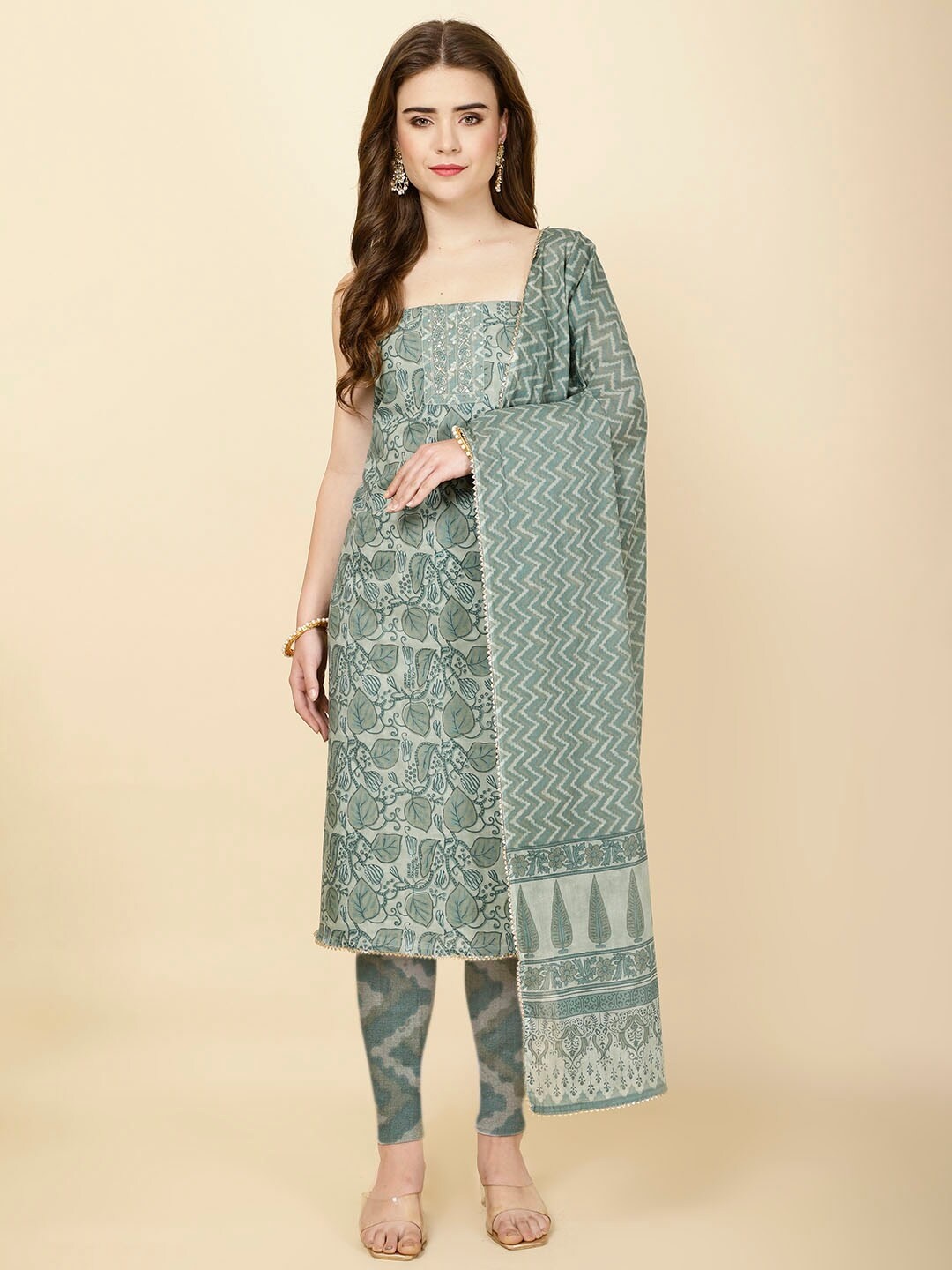 

Meena Bazaar Floral Printed Sequinned Unstitched Dress Material, Green