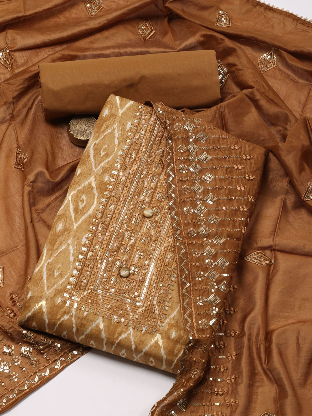 

Meena Bazaar Ethnic Motifs Printed Sequinned Unstitched Dress Material, Mustard