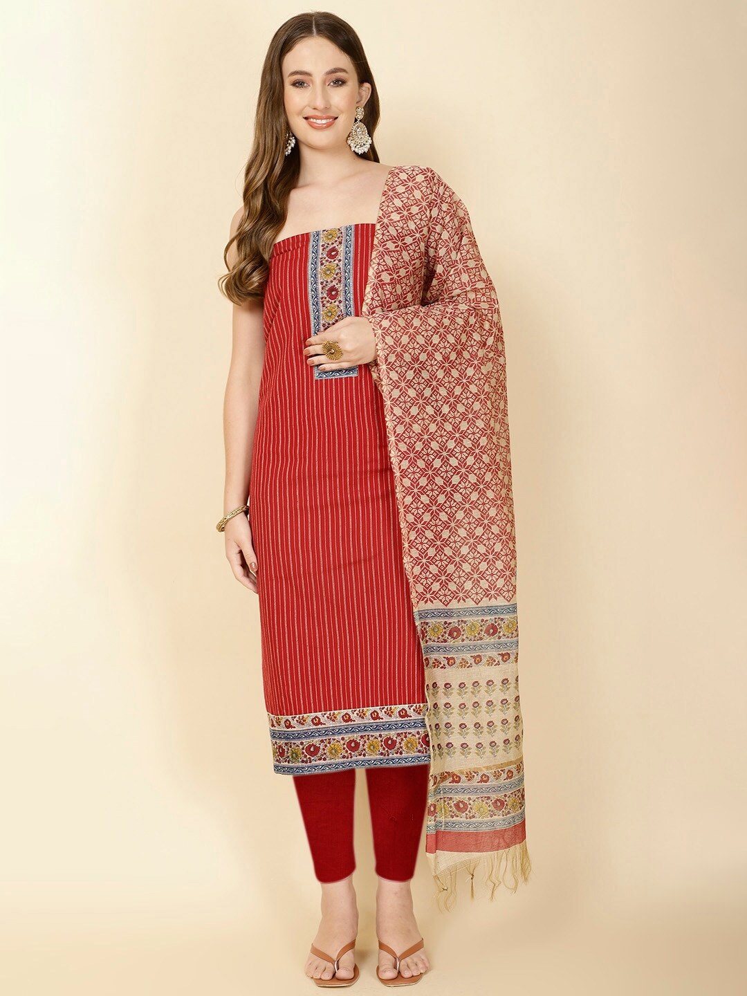 

Meena Bazaar Vertical Printed Unstitched Dress Material, Red