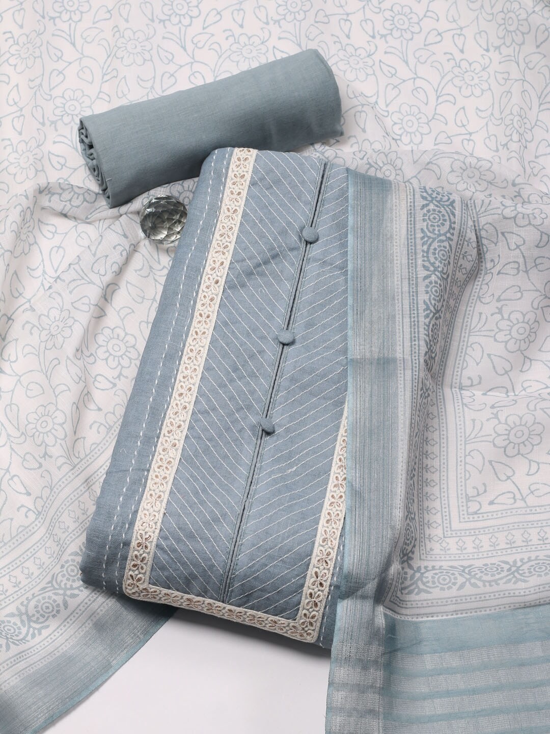 

Meena Bazaar Ethnic Motifs Printed Linen Unstitched Dress Material, Sea green
