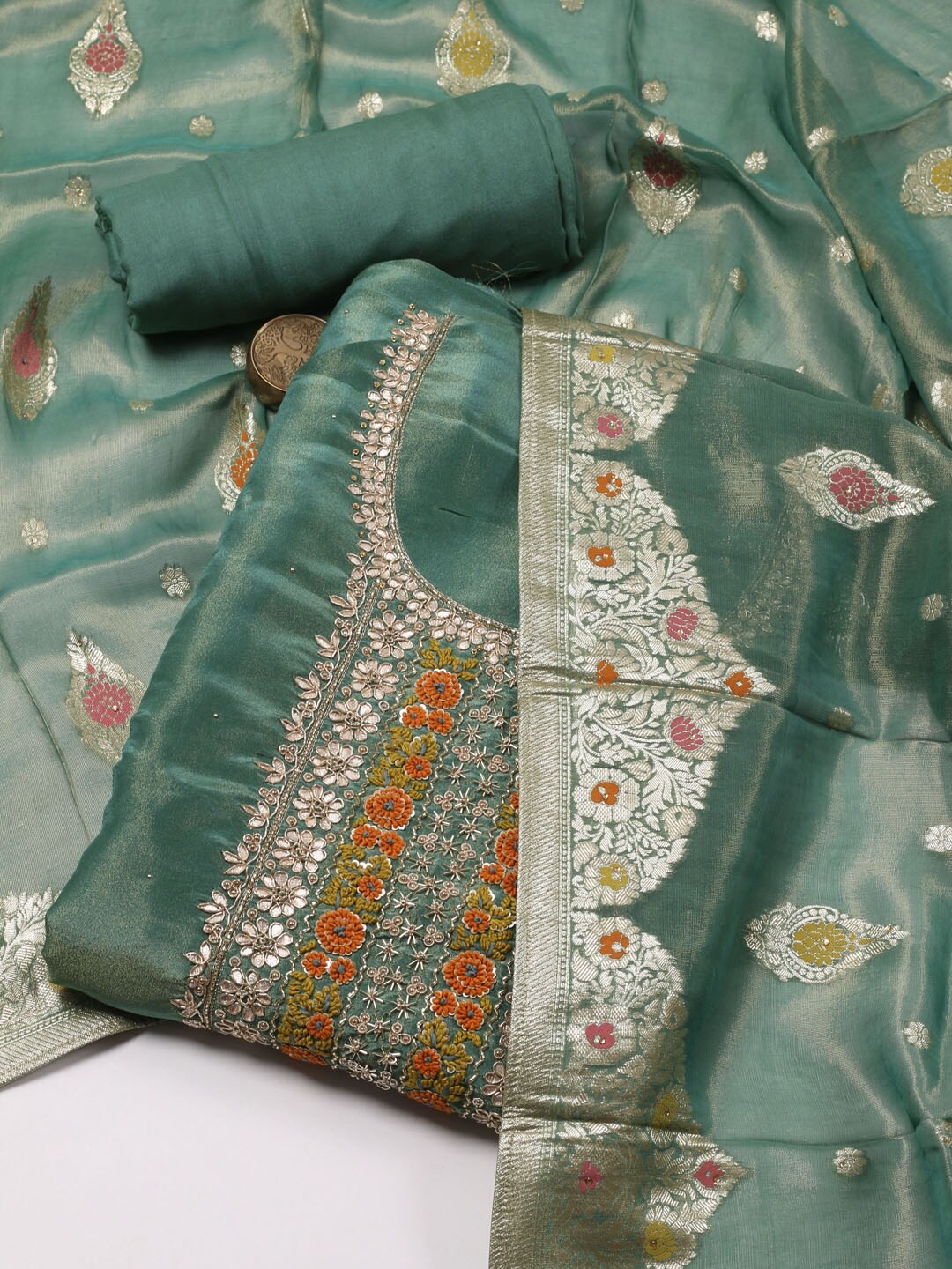 

Meena Bazaar Floral Embroidered Gotta Patti Unstitched Dress Material, Green