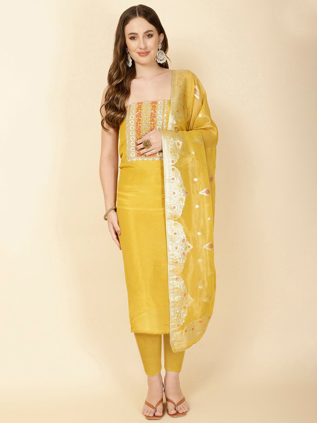 

Meena Bazaar Ethnic Motifs Embroidered Gotta Patti & Sequinned Unstitched Dress Material, Mustard