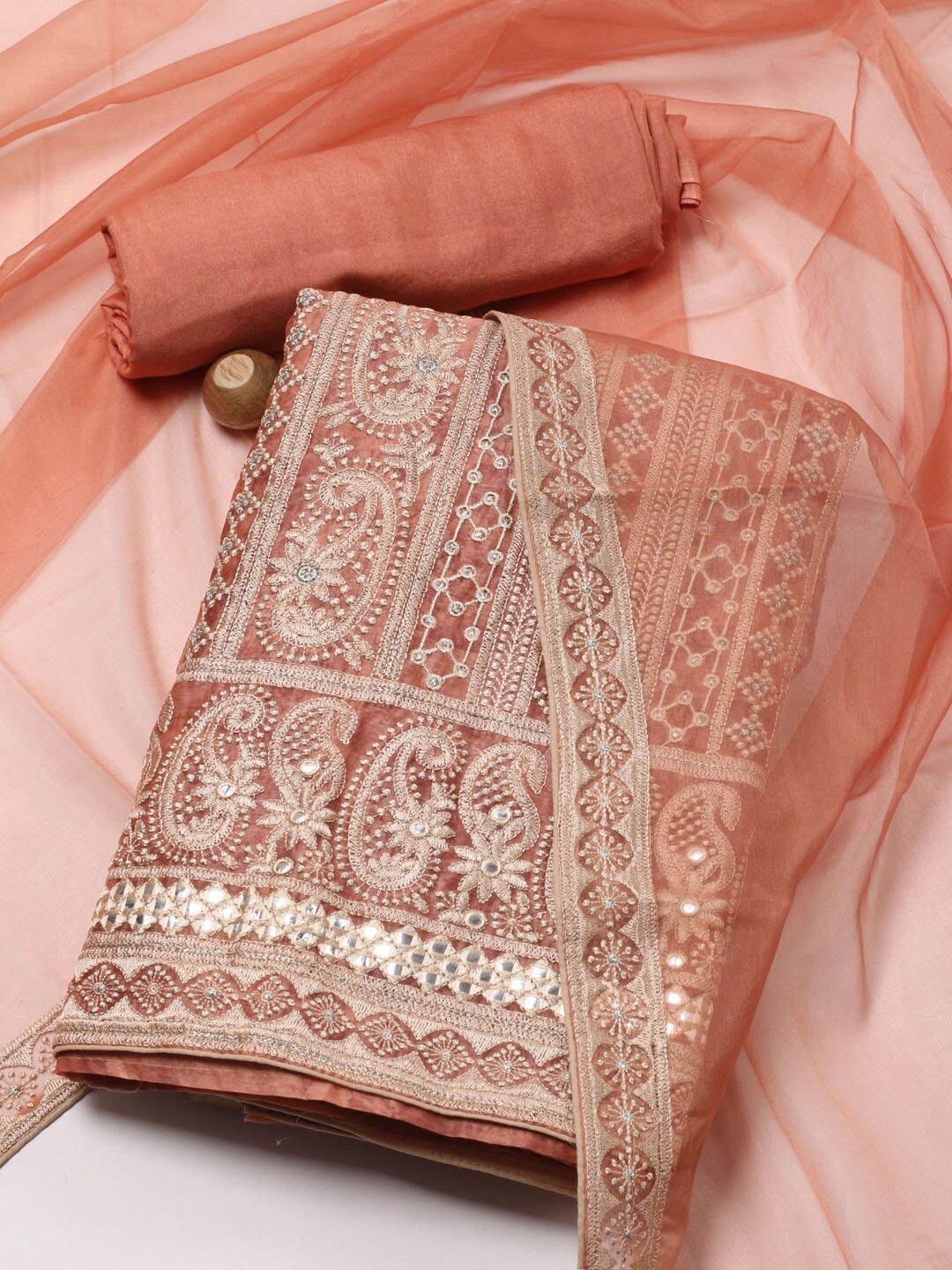 

Meena Bazaar Paisley Embroidered Mirror Work Unstitched Dress Material, Rust