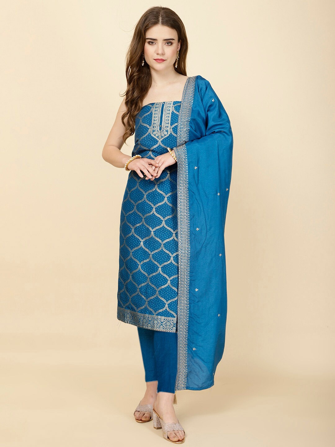 

Meena Bazaar Ethnic Motifs Foil Woven Design Sequined Unstitched Dress Material, Blue