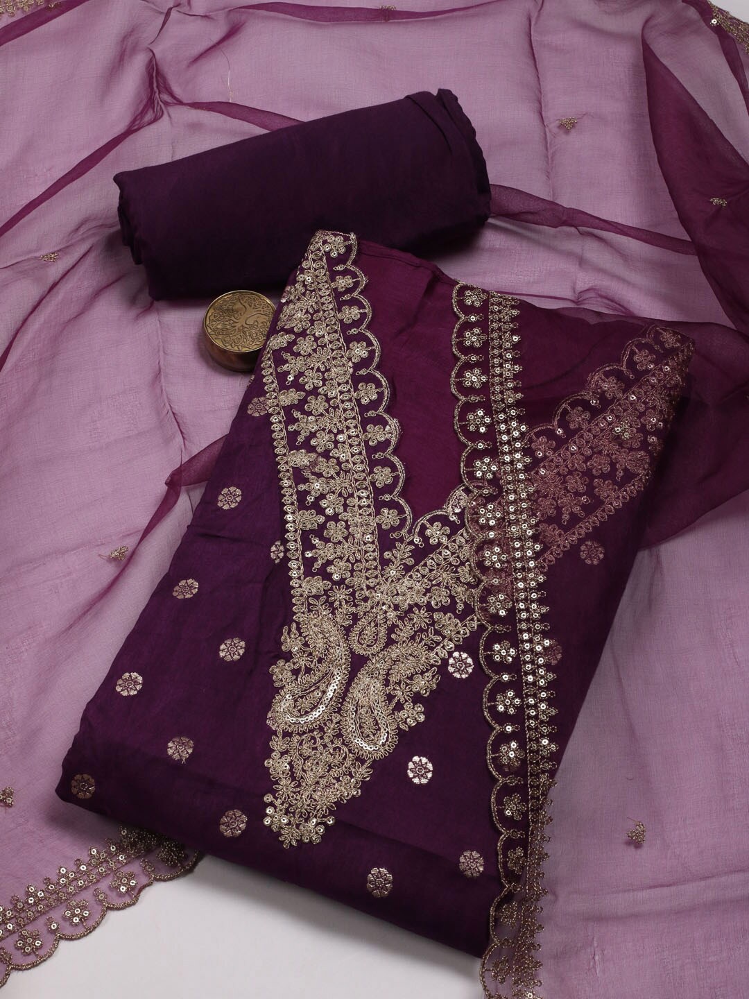 

Meena Bazaar Ethnic Motifs Embroidered Unstitched Dress Material, Purple
