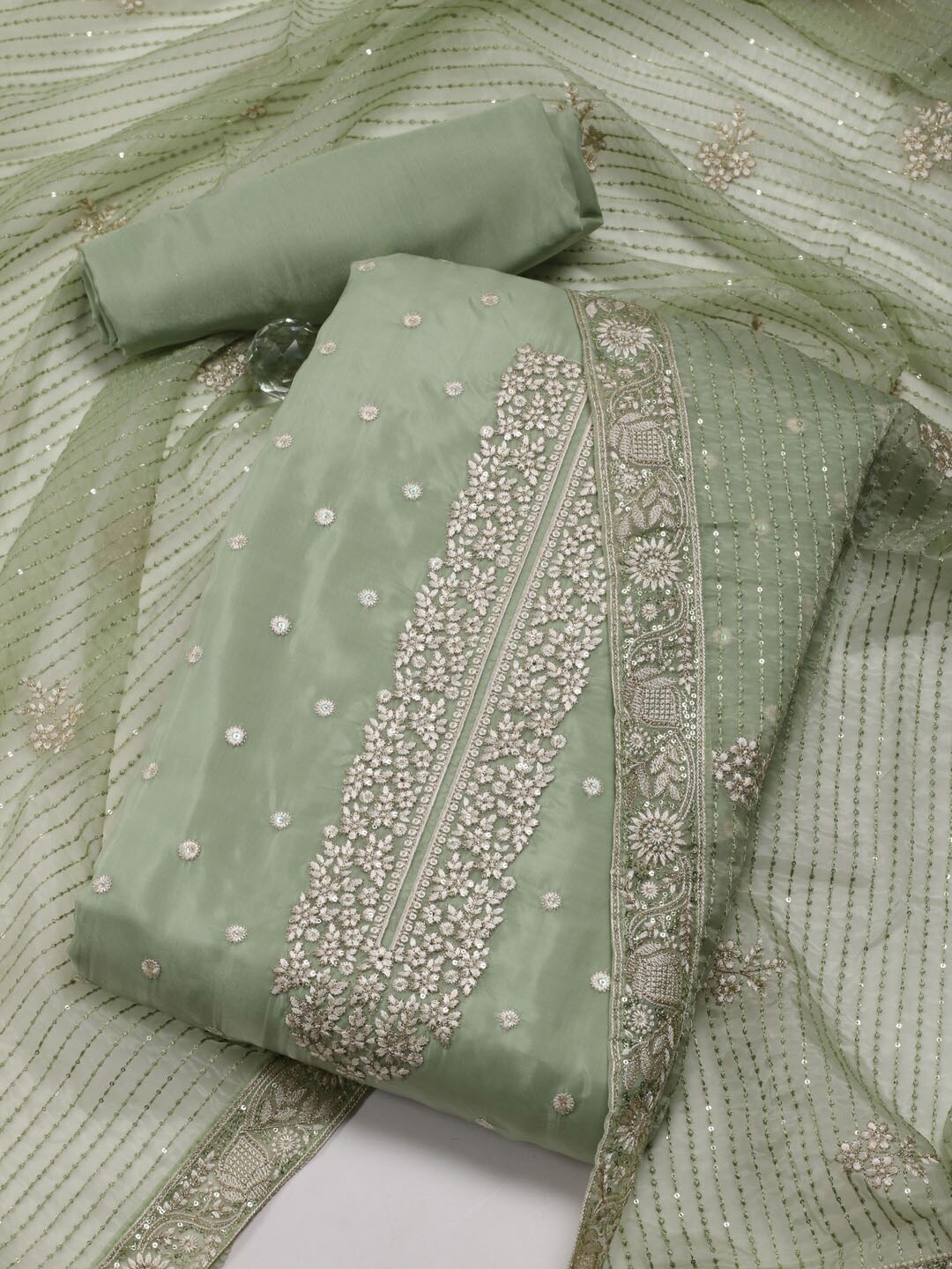 

Meena Bazaar Floral Embroidered Organza Unstitched Dress Material, Green