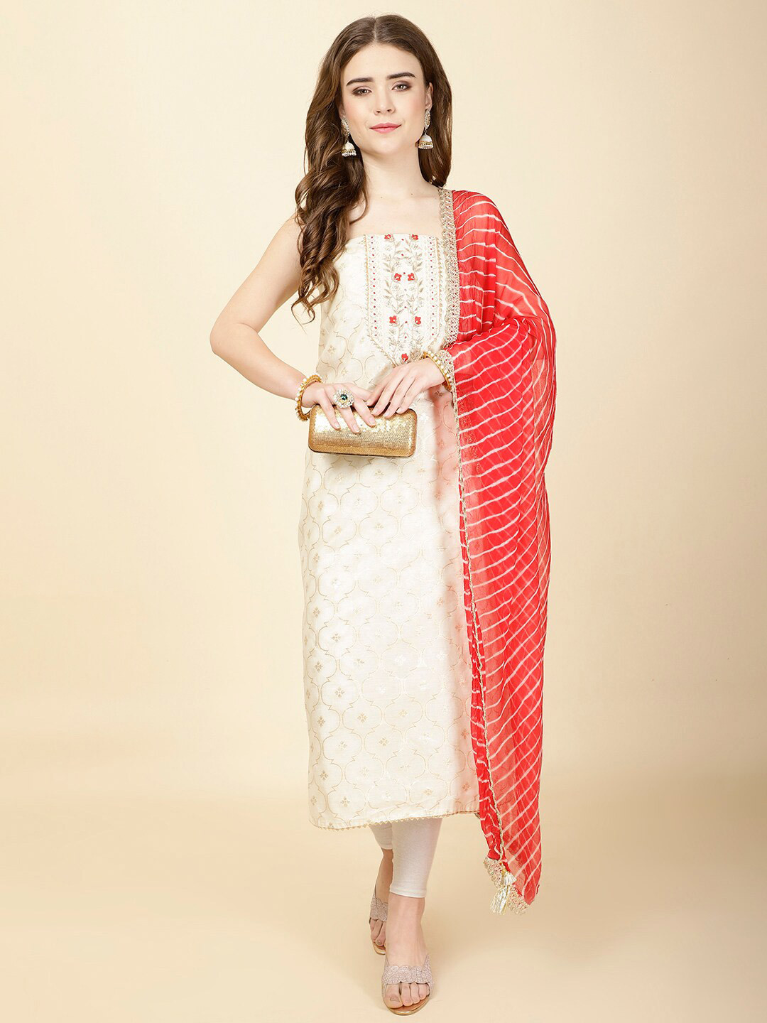 

Meena Bazaar Ethnic Woven Design Unstitched Dress Material, Cream