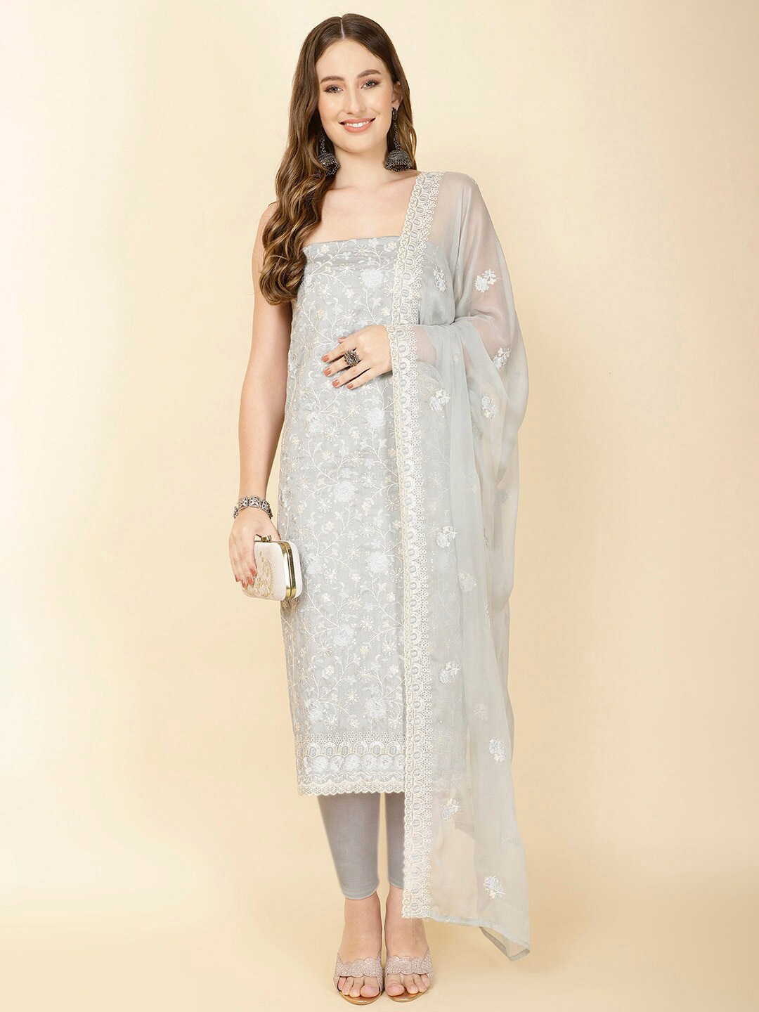 

Meena Bazaar Floral Embroidered Unstitched Dress Material, Grey