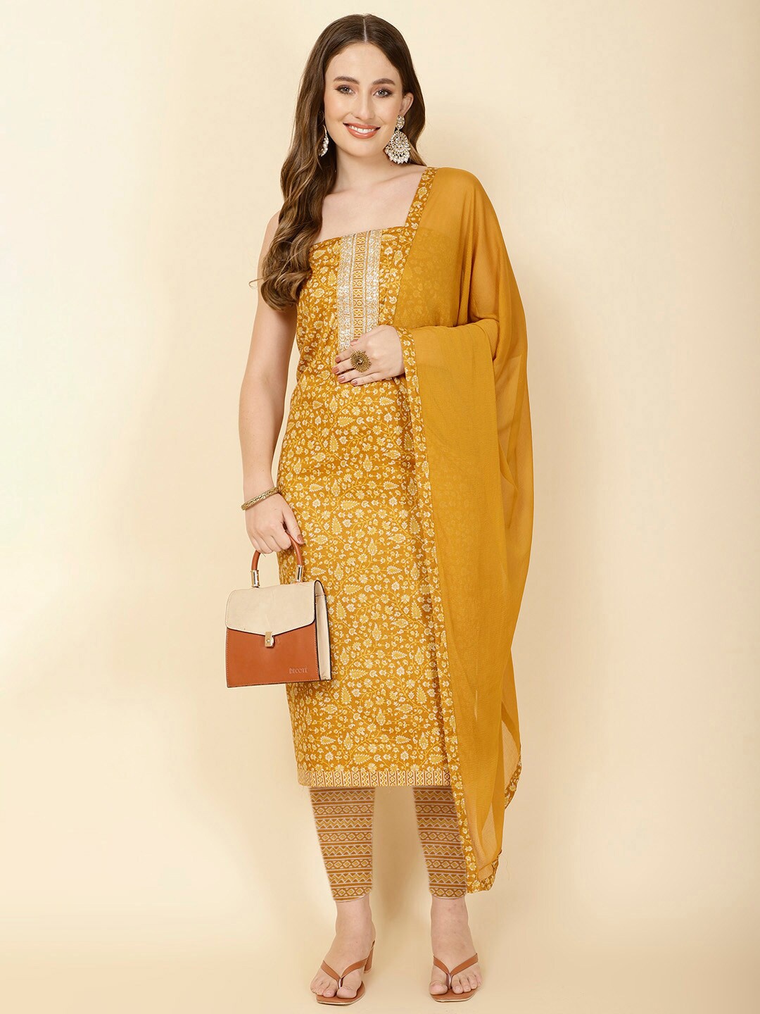

Meena Bazaar Floral Printed Sequinned Unstitched Dress Material, Mustard