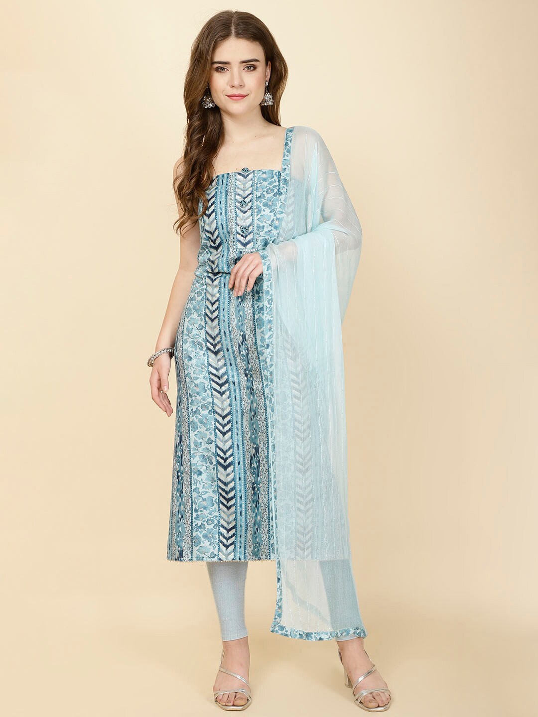 

Meena Bazaar Floral Printed Sequinned Unstitched Dress Material, Blue