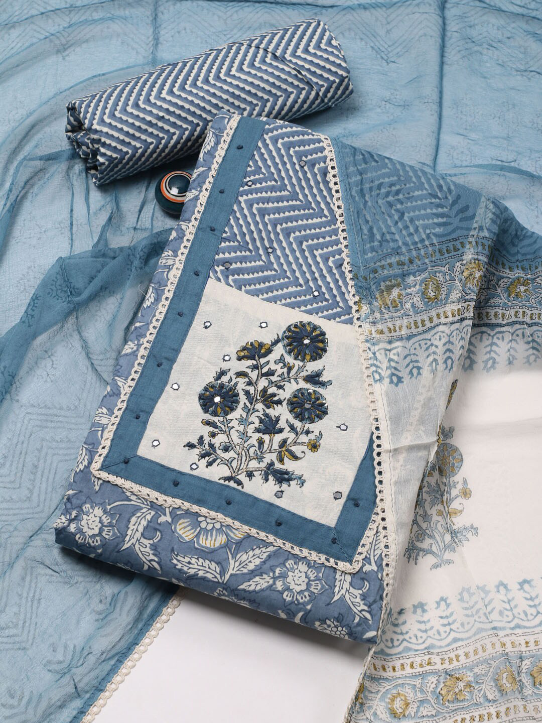 

Meena Bazaar Floral Printed Mirror Work Cotton Unstitched Dress Material, Blue