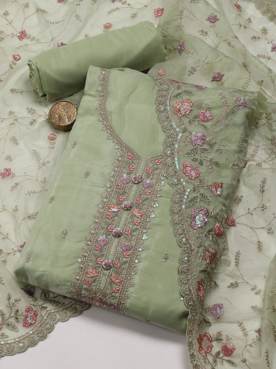 

Meena Bazaar Floral Embroidered Sequinned Unstitched Dress Material, Green