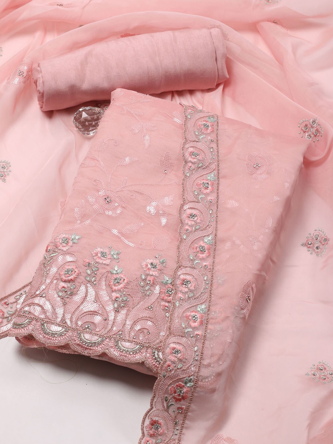 

Meena Bazaar Floral Embellished Organza Unstitched Dress Material, Peach