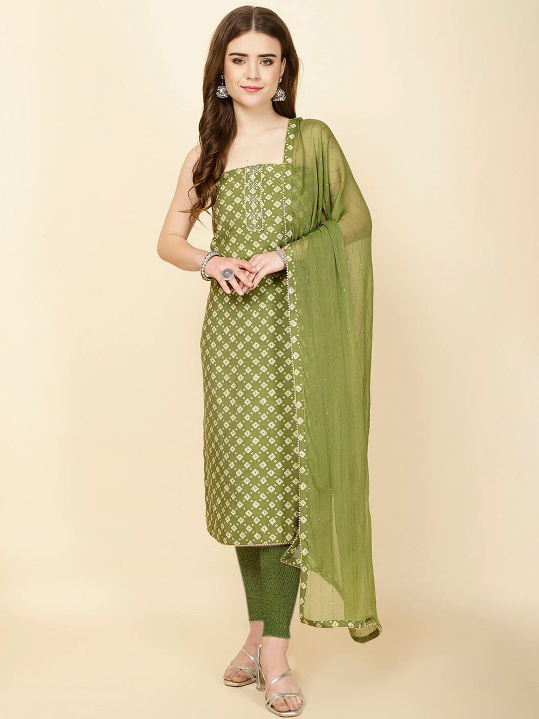 

Meena Bazaar Geometric Printed Gotta Patti Unstitched Dress Material, Green