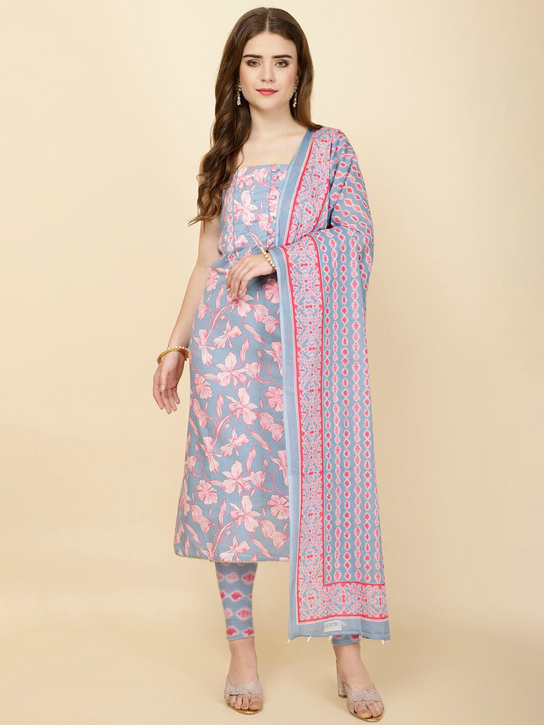

Meena Bazaar Floral Printed Unstitched Dress Material, Blue