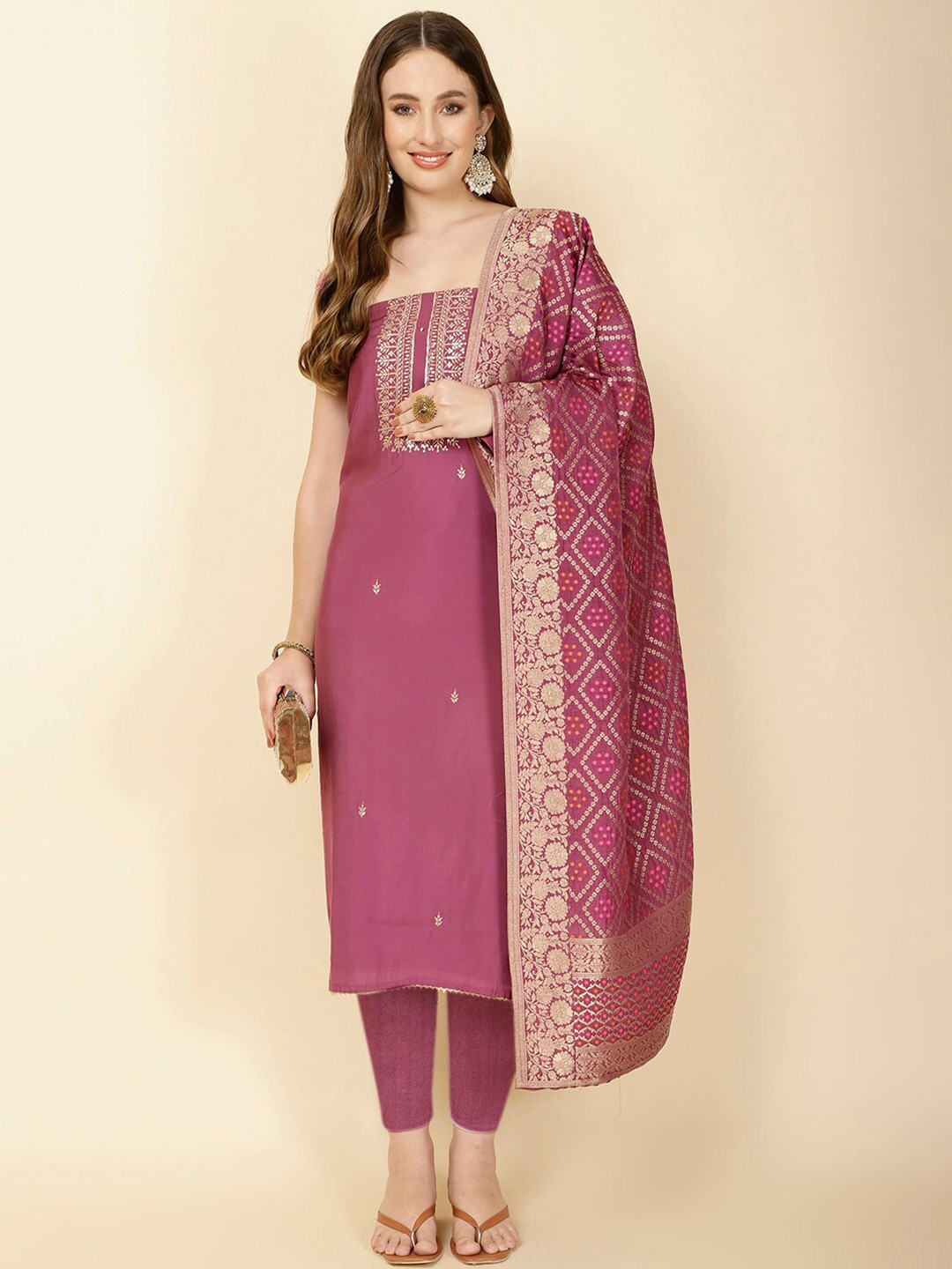 

Meena Bazaar Floral Embroidered Unstitched Dress Material, Burgundy