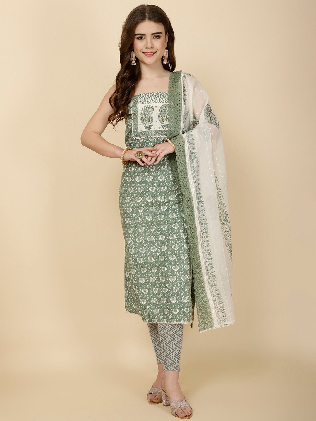 

Meena Bazaar Floral Printed Mirror Work Unstitched Dress Material, Green