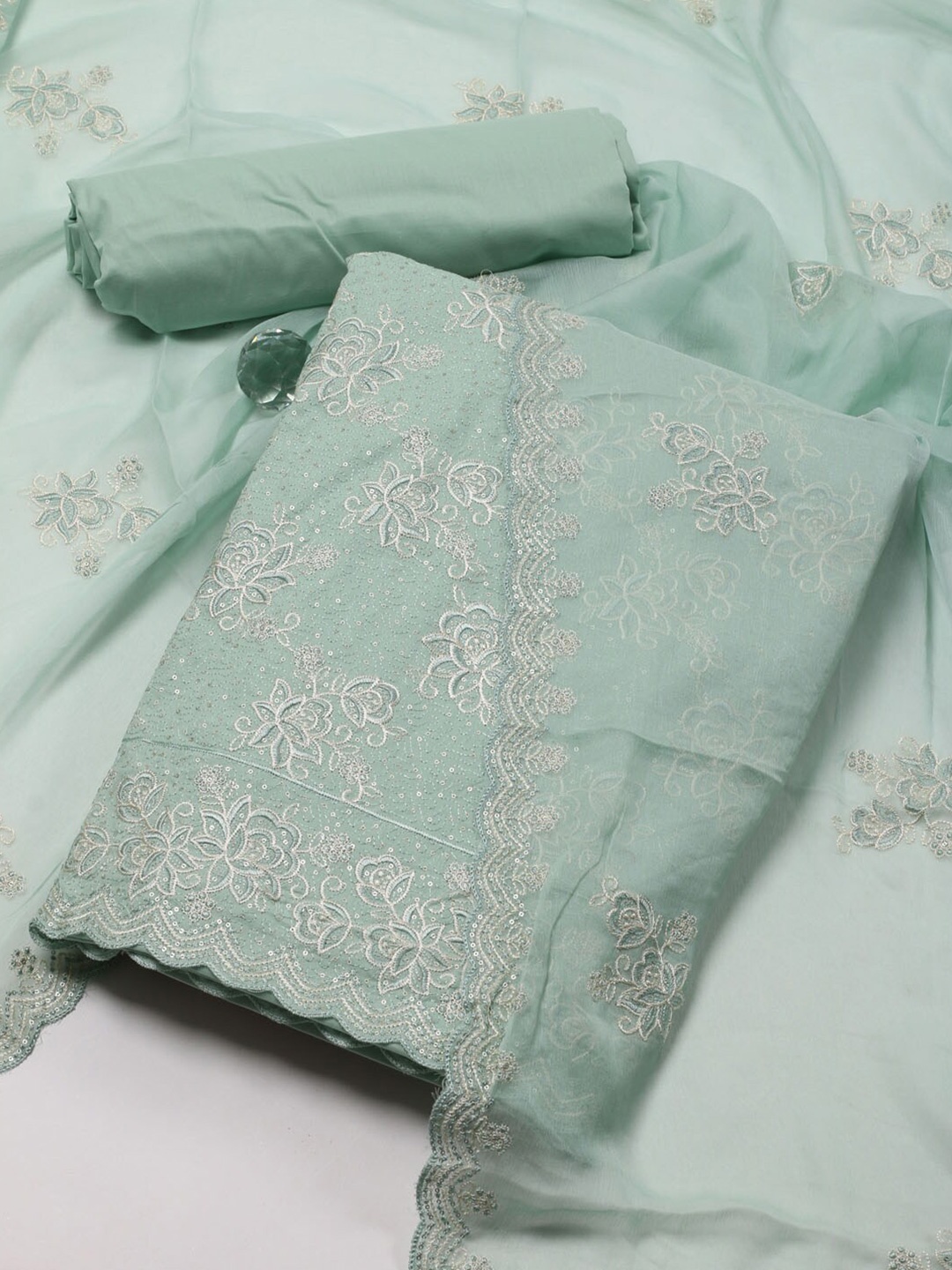 

Meena Bazaar Floral Embroidered Cotton Unstitched Dress Material, Sea green