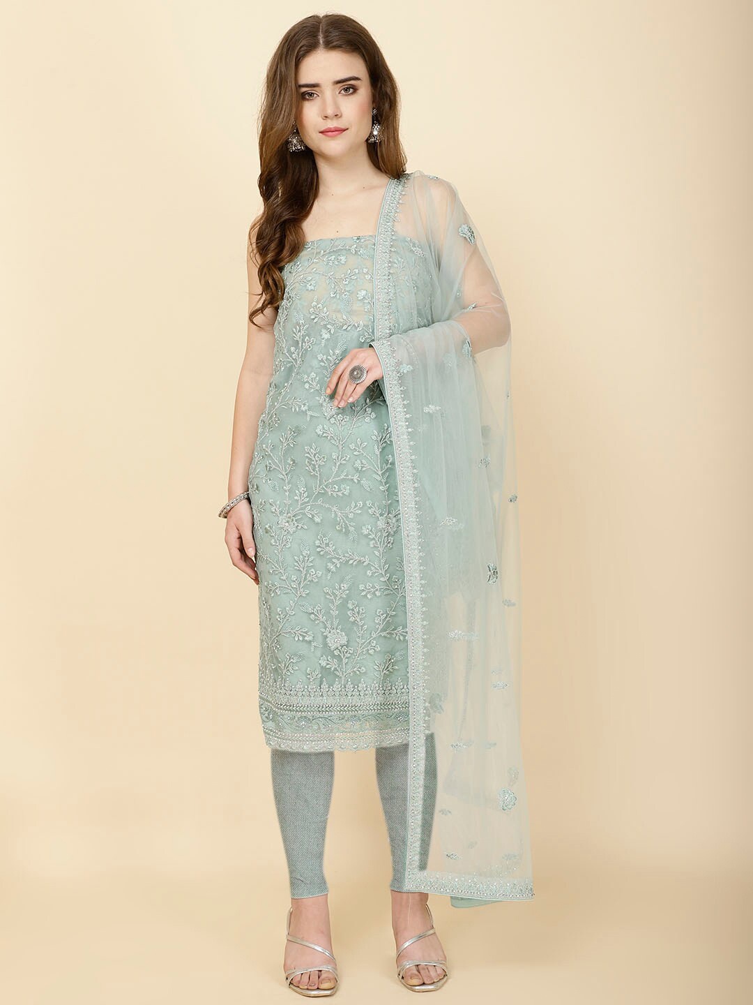 

Meena Bazaar Floral Embroidered Unstitched Dress Material, Sea green