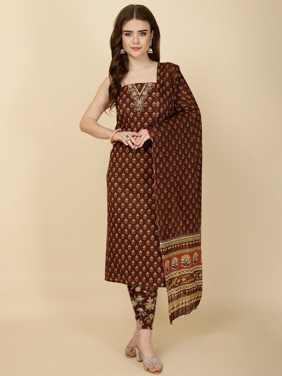 

Meena Bazaar Floral Printed Unstitched Dress Material, Brown
