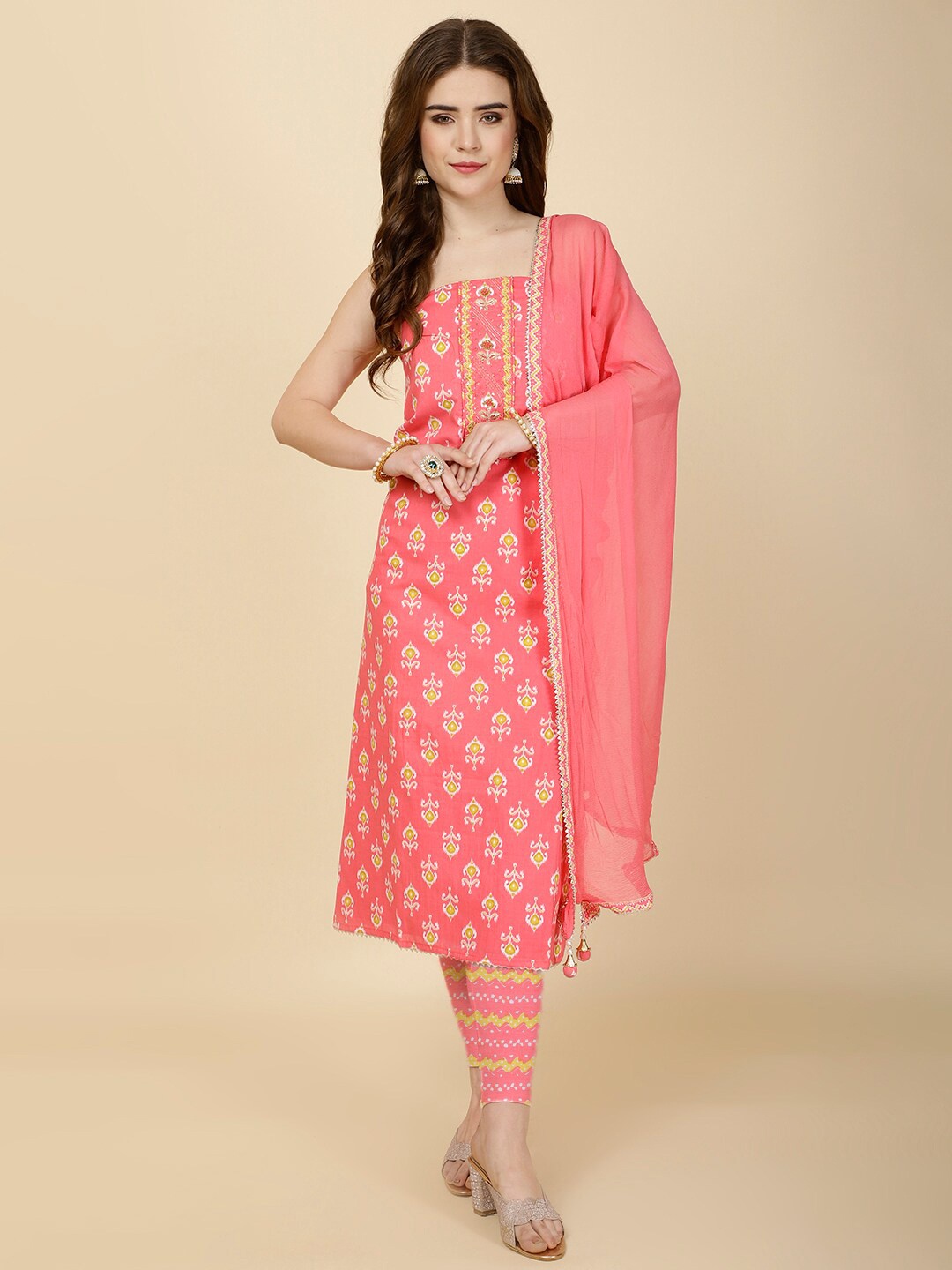 

Meena Bazaar Ethnic Motifs Printed Unstitched Dress Material, Pink