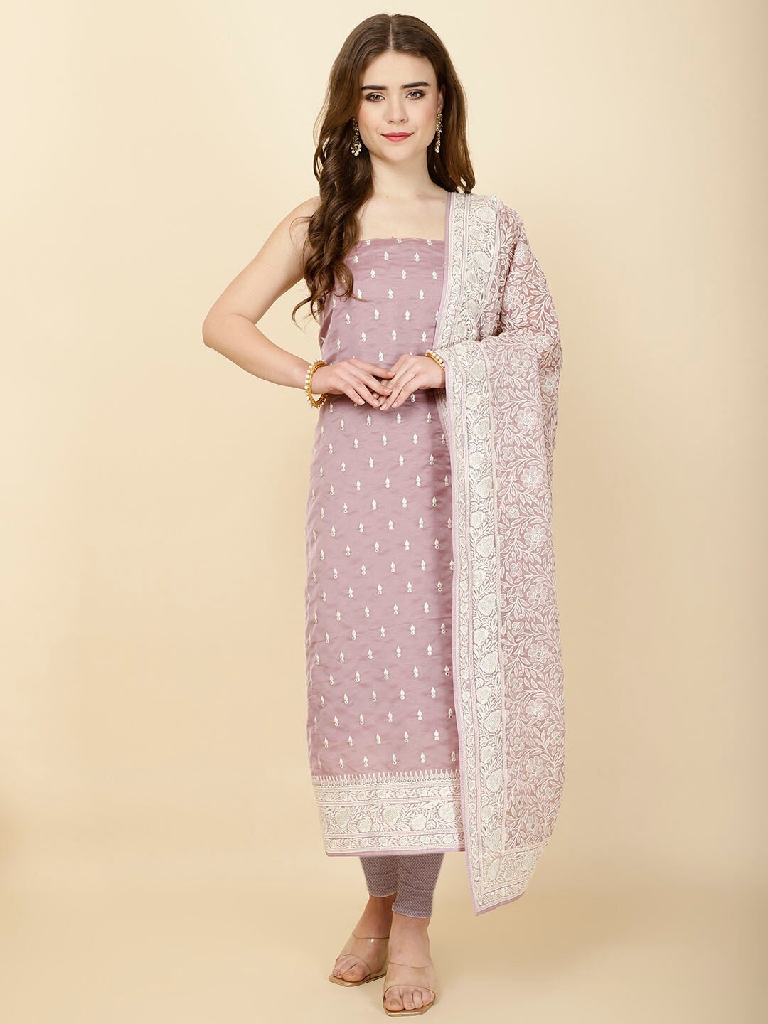 

Meena Bazaar Embroidered Organza Unstitched Dress Material, Mauve