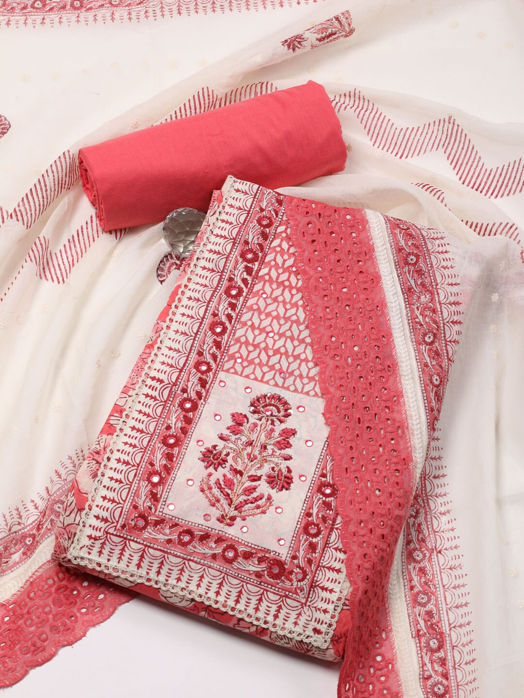 

Meena Bazaar Floral Embroidered Unstitched Dress Material, White