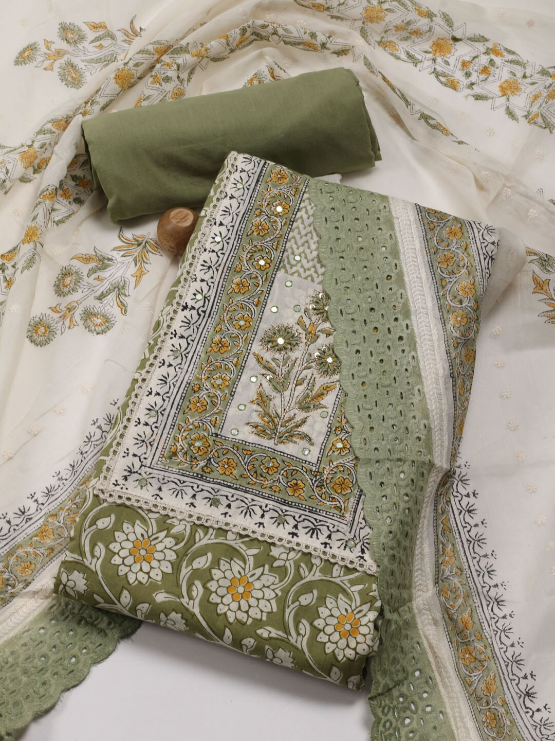 

Meena Bazaar Floral Printed Sequinned Unstitched Dress Material, Green