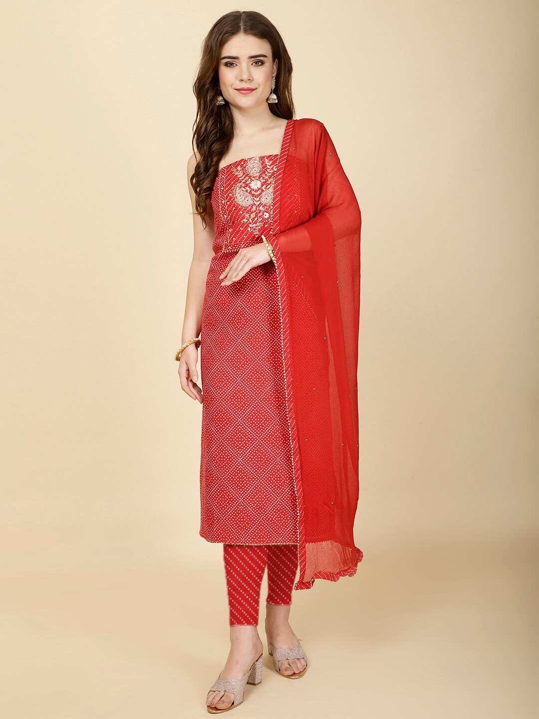 

Meena Bazaar Bandhani Printed Unstitched Dress Material, Red