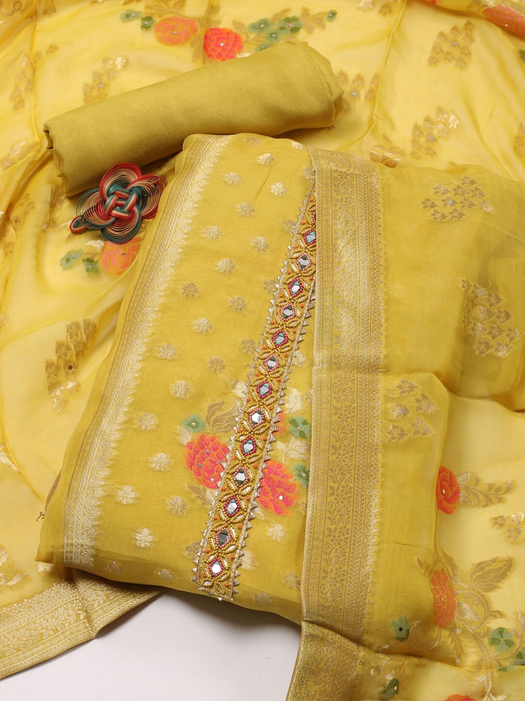 

Meena Bazaar Woven Design Organza Unstitched Dress Material, Yellow