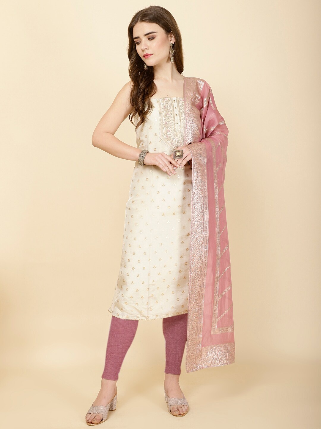 

Meena Bazaar Ethnic Motifs Woven Design Sequinned Unstitched Dress Material, Cream