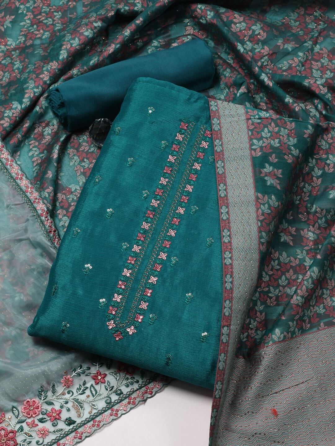 

Meena Bazaar Embroidered Art Silk Unstitched Dress Material, Teal
