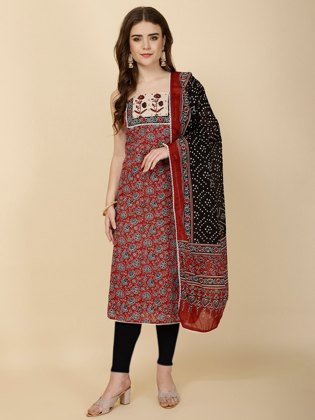 

Meena Bazaar Floral Printed Unstitched Dress Material, Maroon