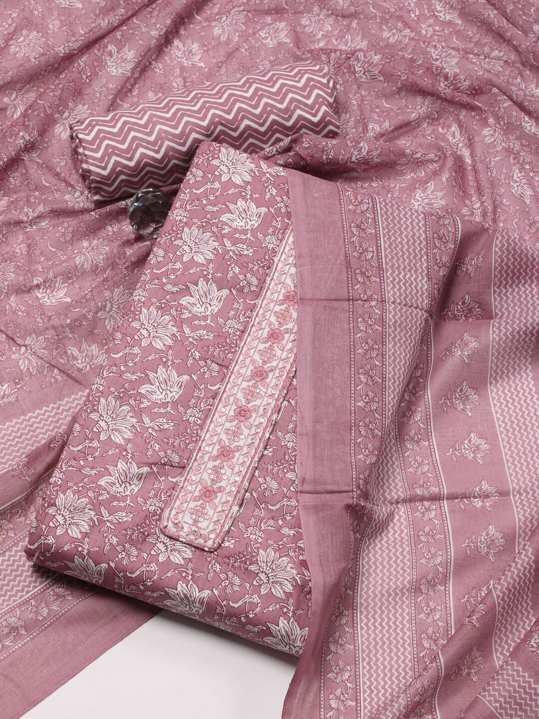 

Meena Bazaar Floral Printed Unstitched Dress Material, Pink