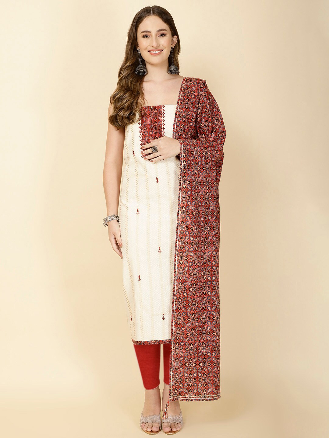 

Meena Bazaar Floral Printed Unstitched Dress Material, Cream