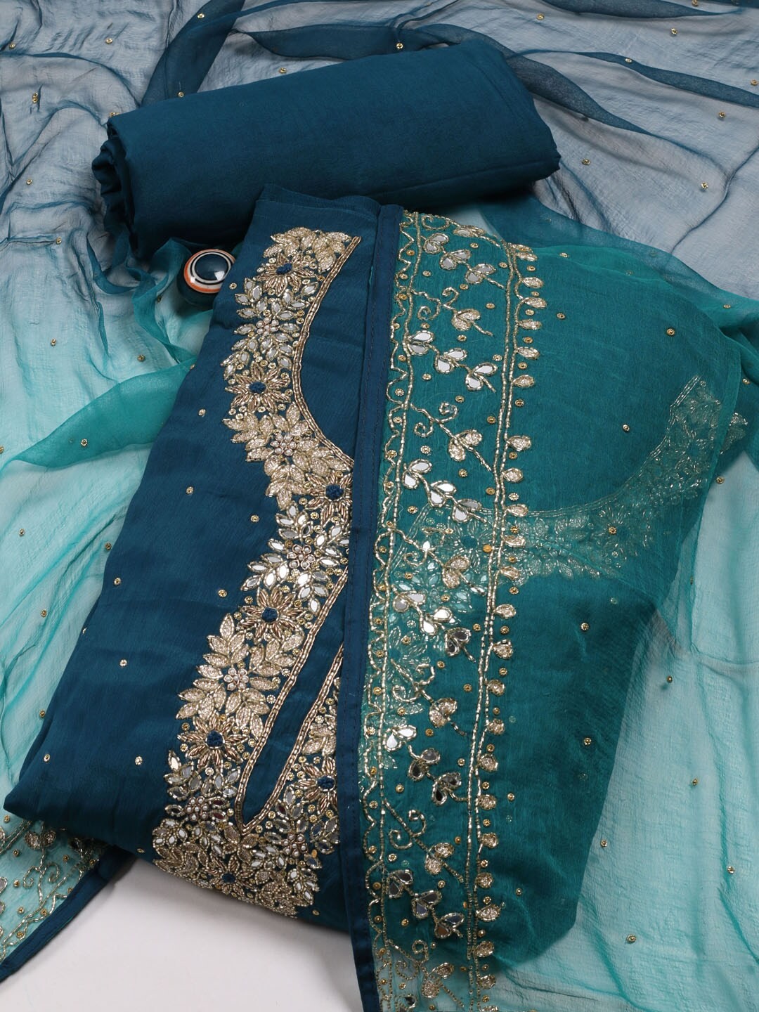 

Meena Bazaar Embellished Art Silk Unstitched Dress Material, Teal
